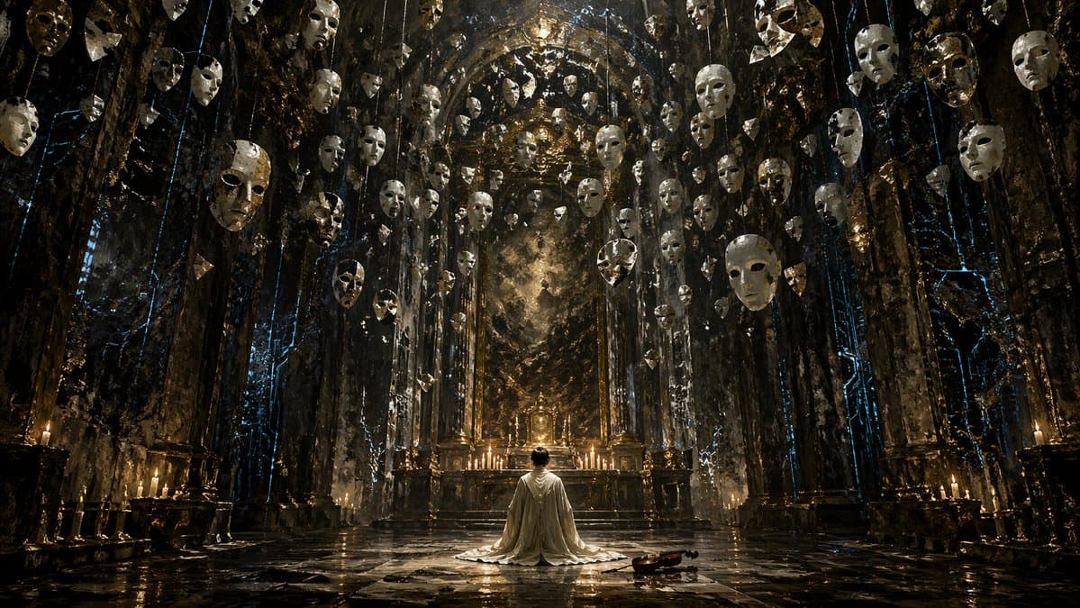 Surreal Gothic Hall with Floating Masks preview image 1