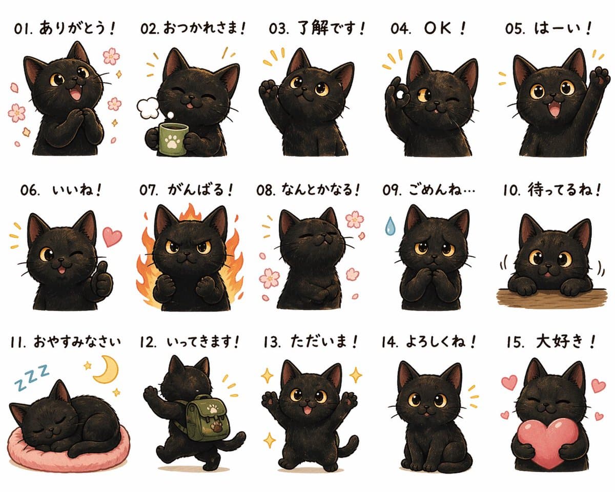 Cute Black Cat Japanese Sticker Sheet preview image 1