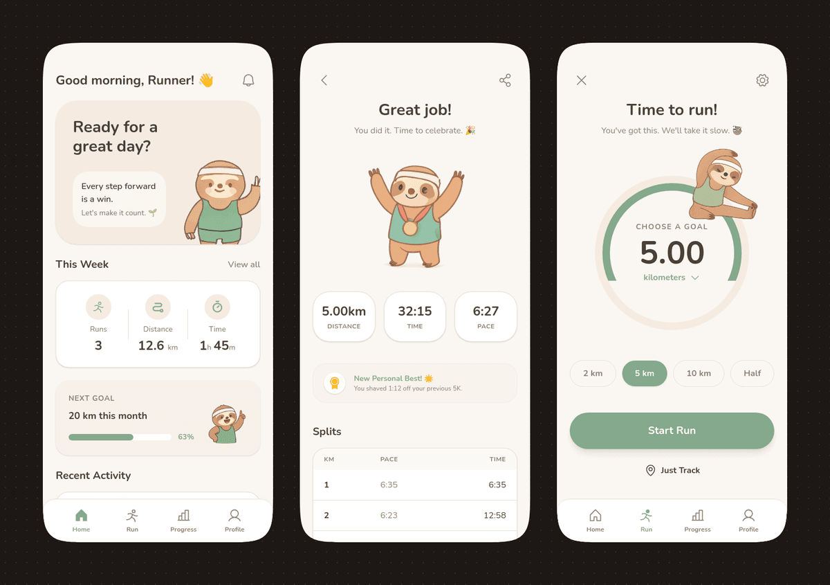 Pastel Running App UI with Sloth Mascot preview image 1