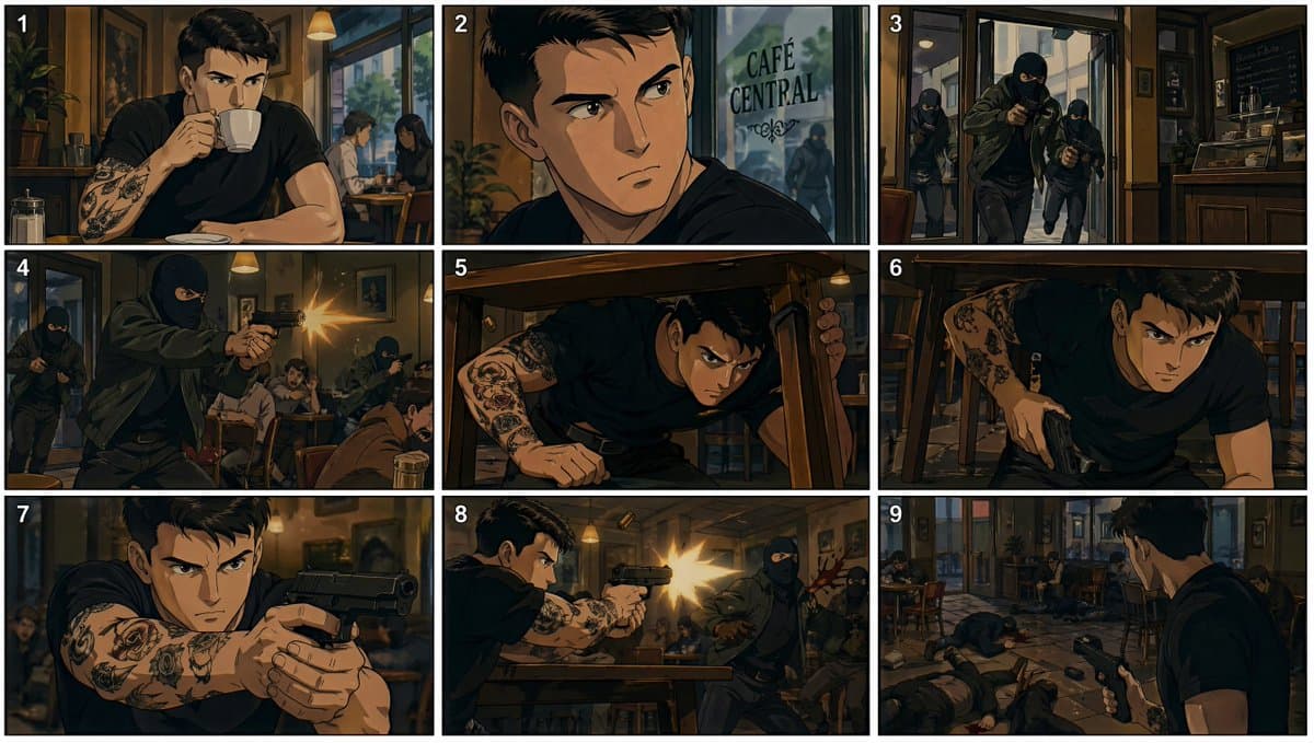 90s Anime Cafe Shootout Storyboard preview image 1