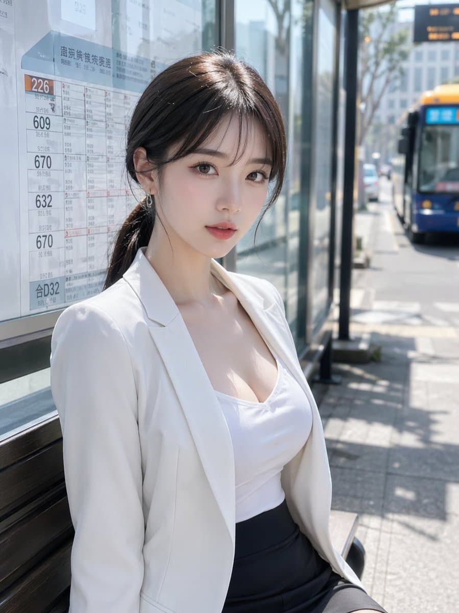 Realistic Woman at Japanese Bus Stop preview image 1