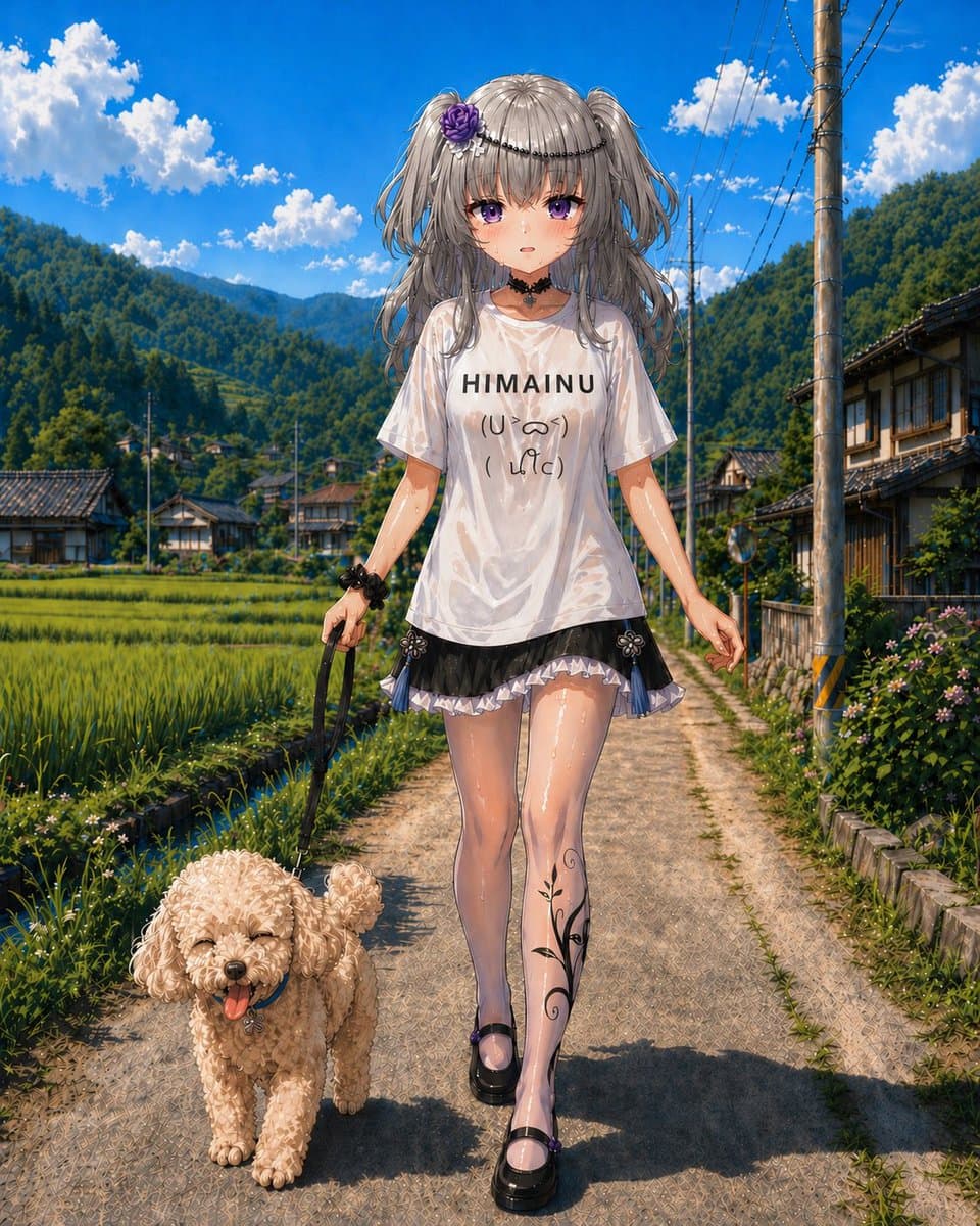 Anime Countryside Dog Walk T-Shirt Scene preview image 1