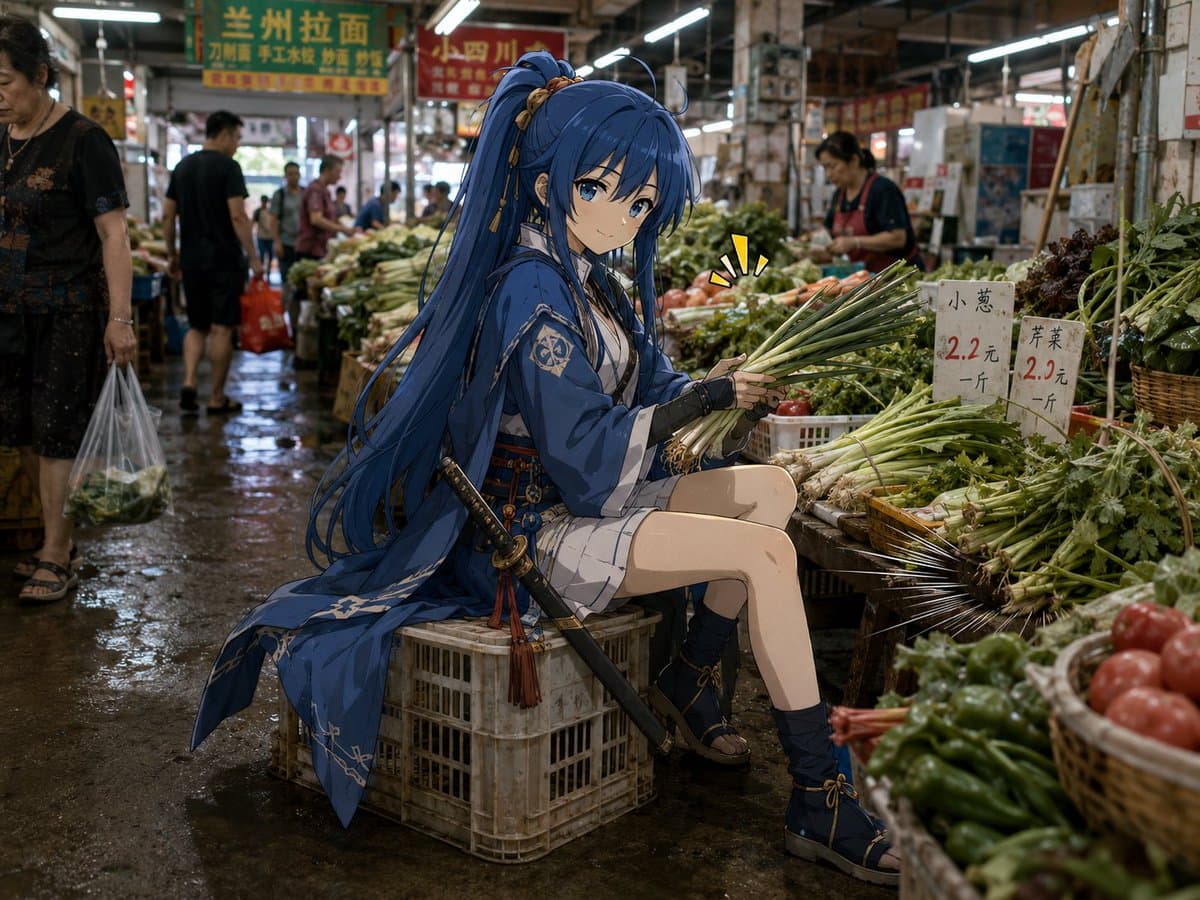 Anime Swordswoman in Wet Market preview image 1