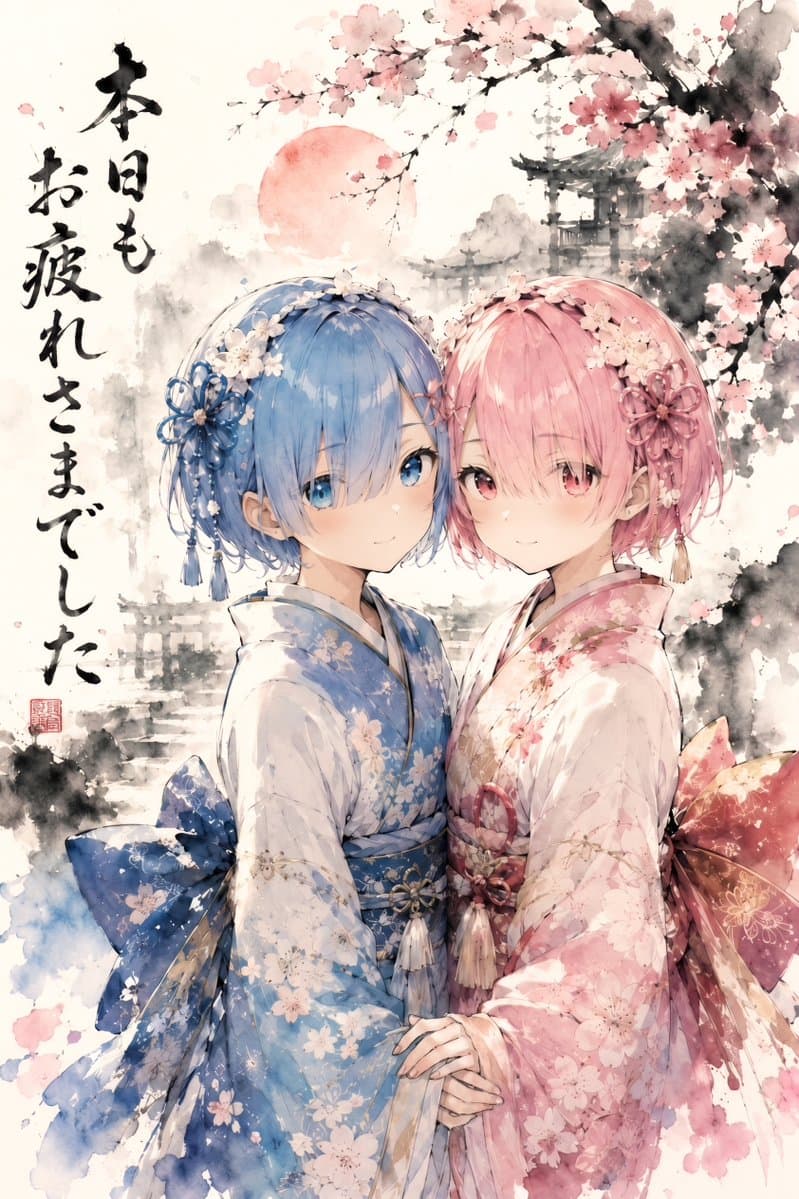 Twin Kimono Sakura Watercolor preview image 1