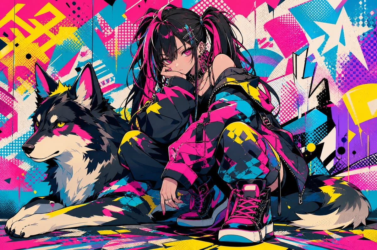 Neon Punk Girl with Husky preview image 1