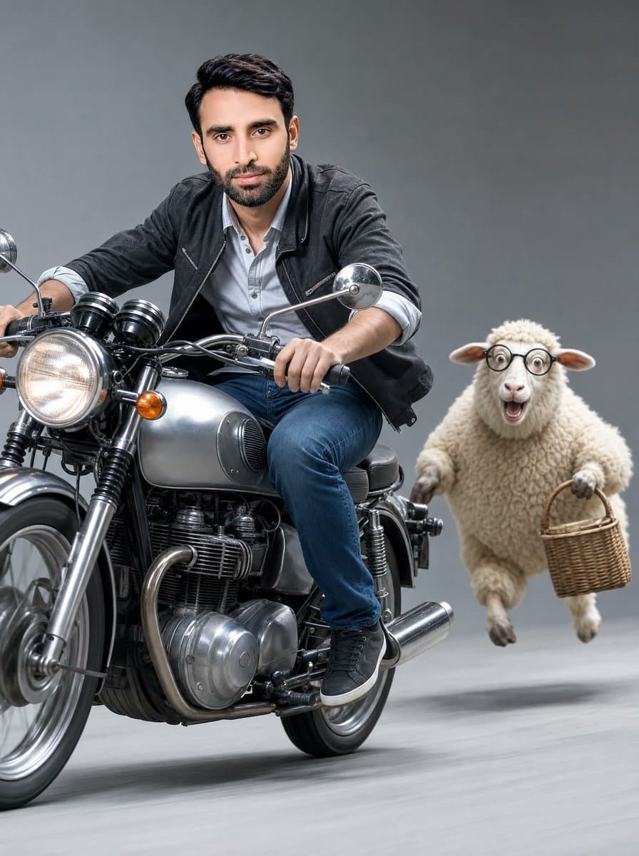 Man on Retro Motorcycle with Leaping Sheep preview image 1