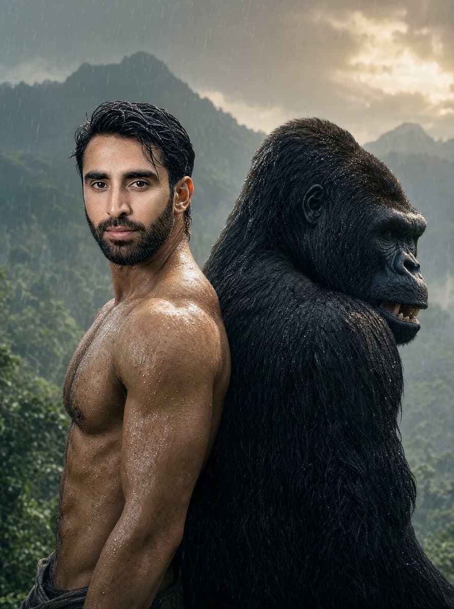 Rainy Jungle Man and Gorilla Portrait preview image 1