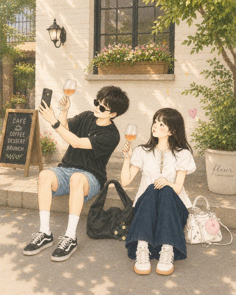 Minimalist Anime Couple Watercolor Illustration preview image 2