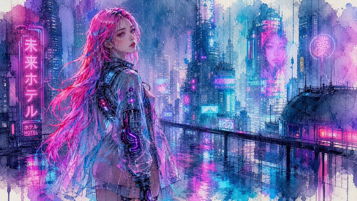 Watercolor Cyberpunk Rooftop Girl preview image 2
