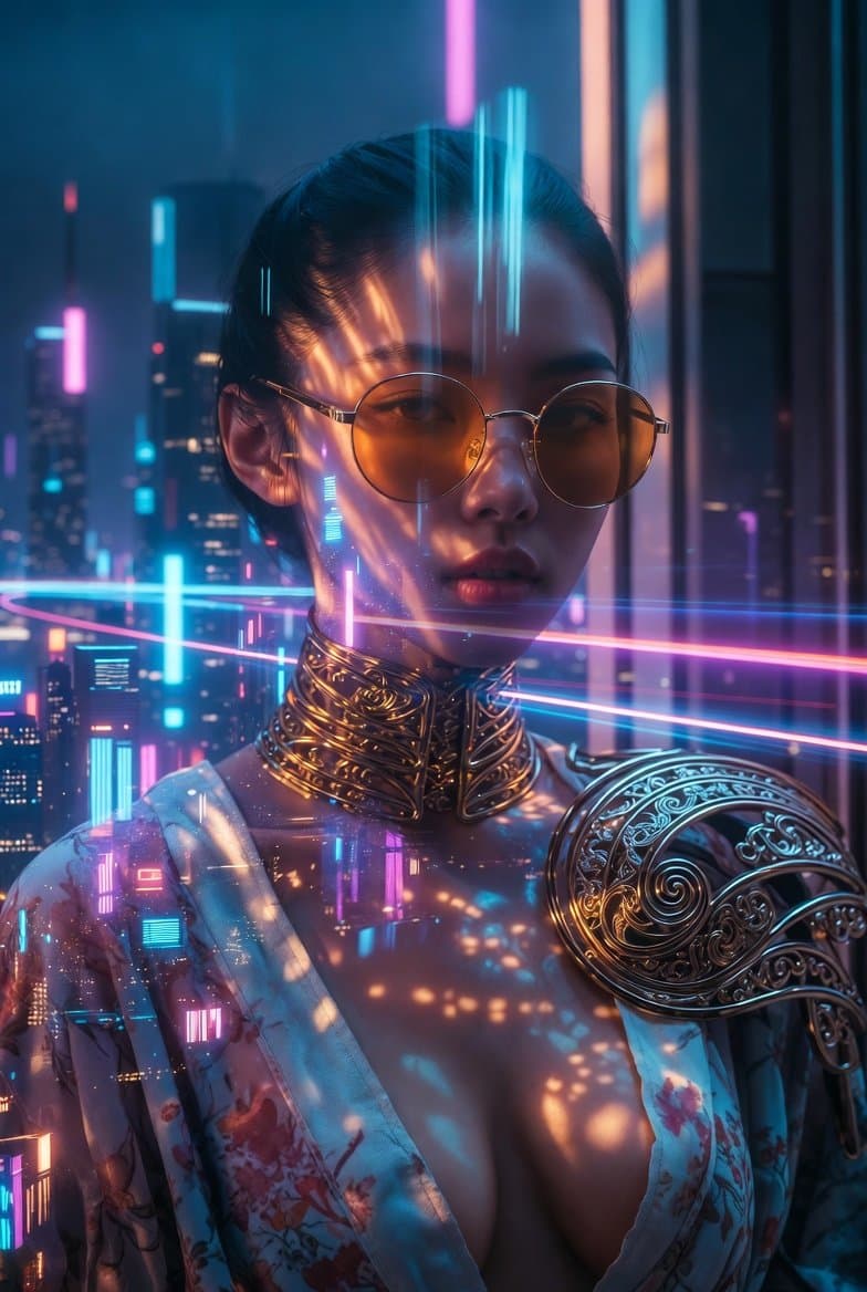 Cyberpunk Woman by Neon City Window preview image 2