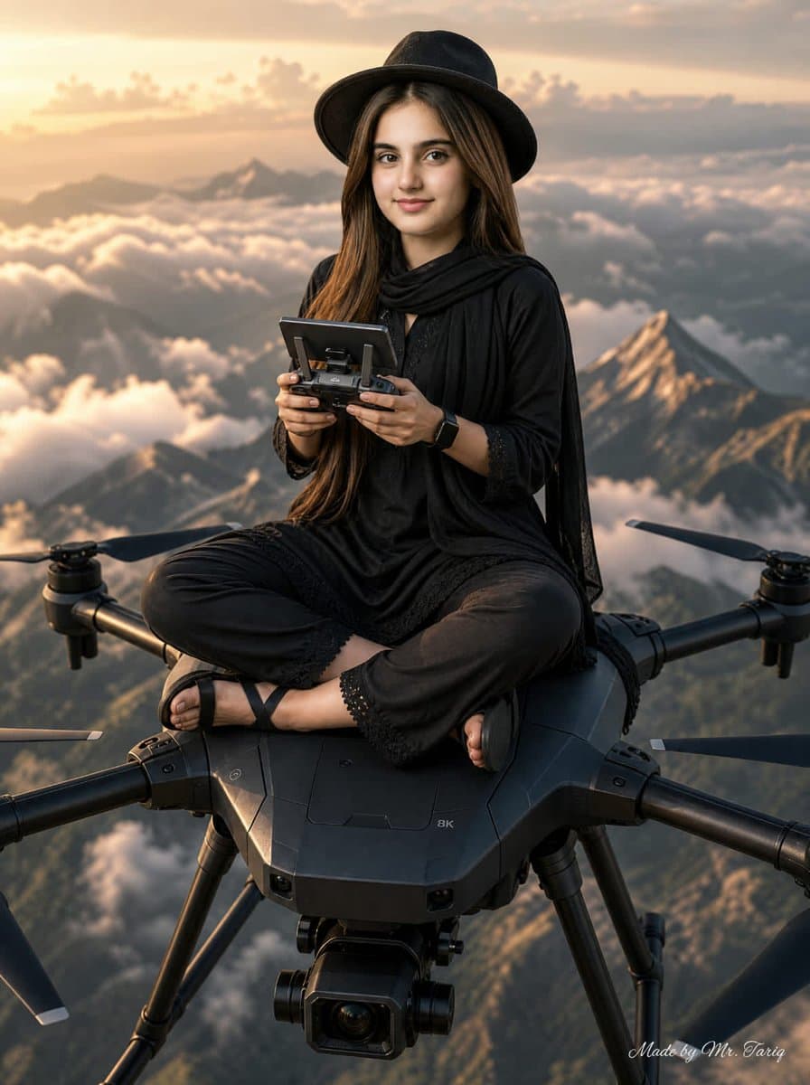 Woman Riding Giant Drone Above Mountains preview image 1