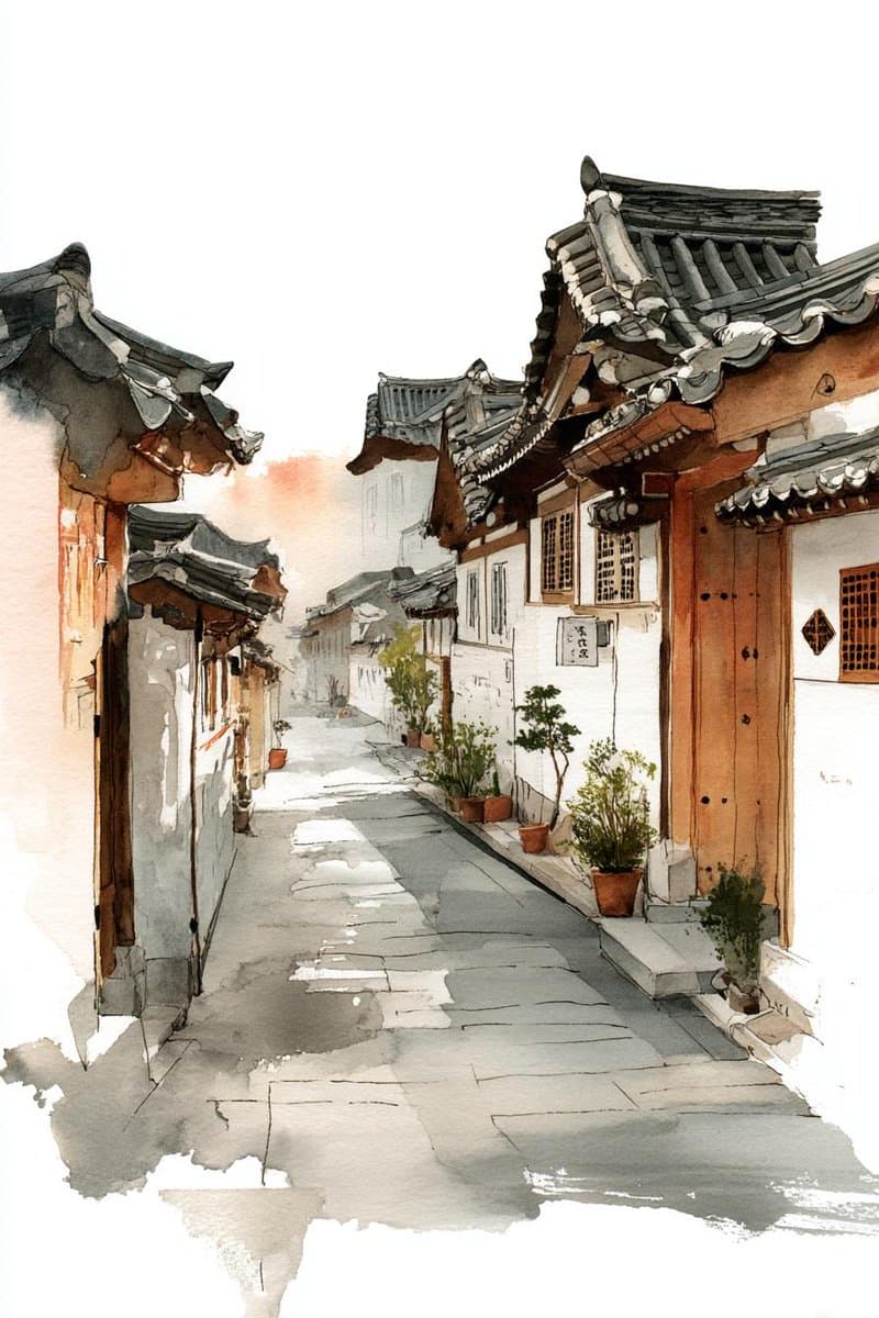 Korean Hanok Watercolor Sketch preview image 2