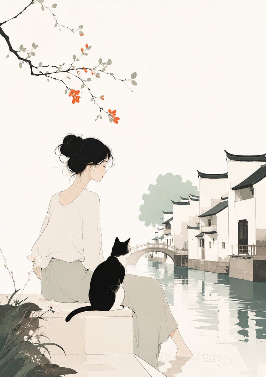 Minimalist Illustration of Girl and Cat preview image 1