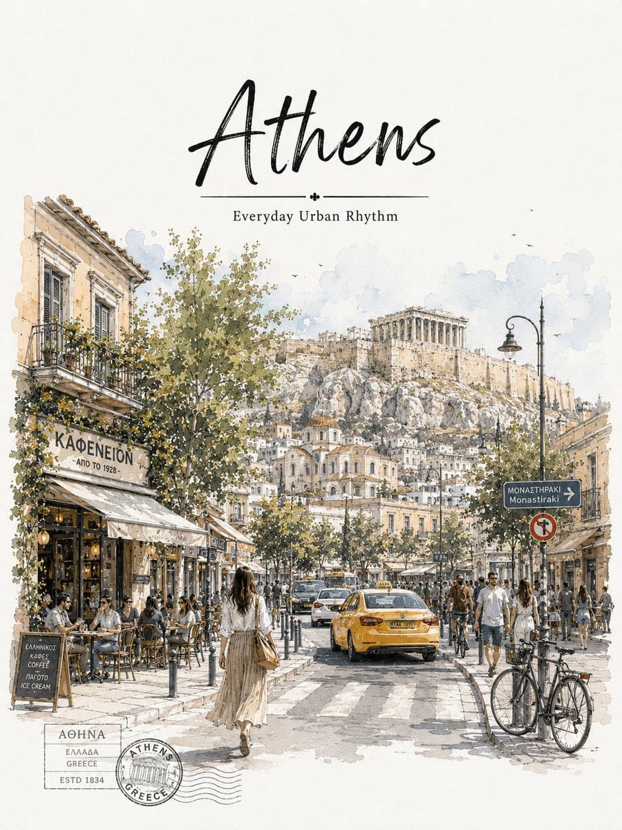 Athens Travel Sketch and Watercolor Poster preview image 1