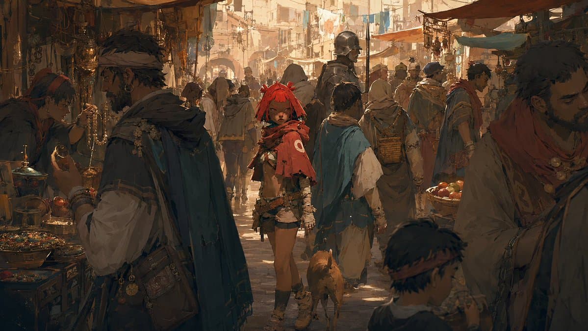 Cinematic Bustling Market Scene Sketch preview image 1