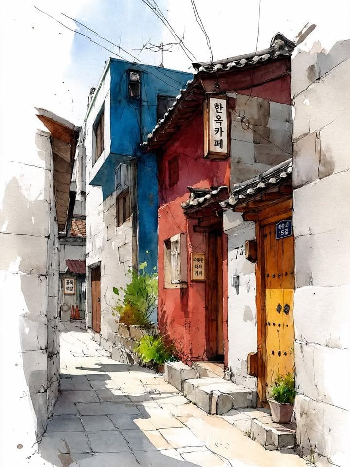 Watercolor Korean Hanok Village Sketch preview image 1