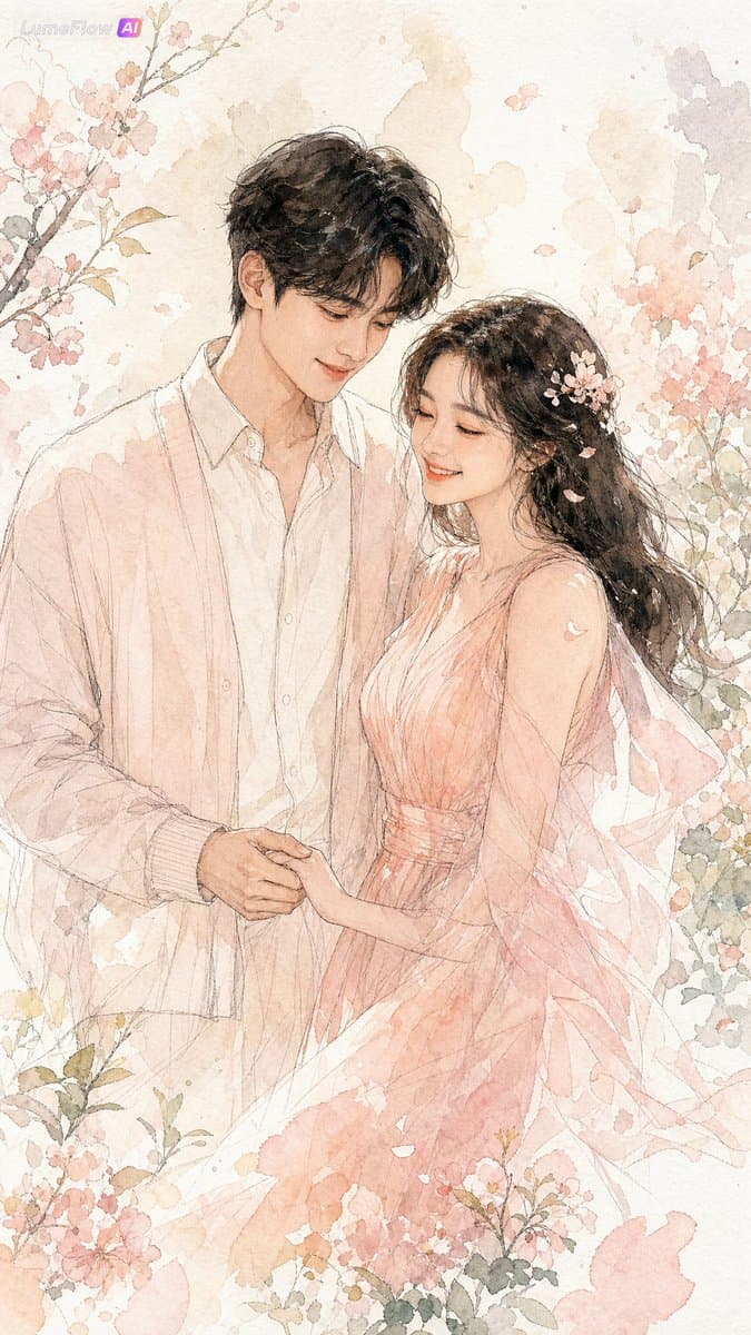 Watercolor Korean Couple Portrait preview image 2