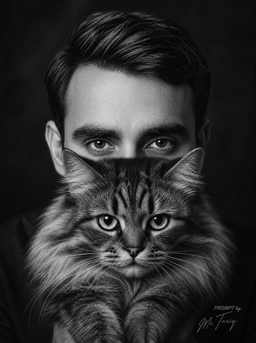 Monochrome Man Holding Cat Portrait preview image 1