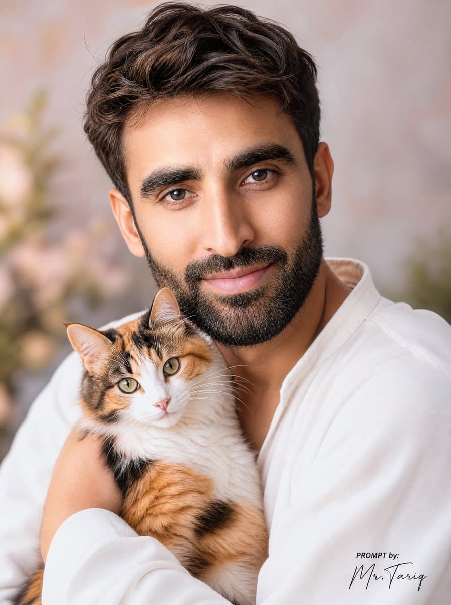 Dreamy Man Holding Calico Cat Portrait preview image 1