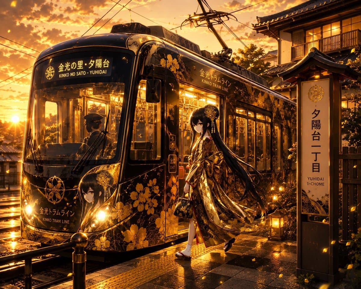 Golden Anime Tram at Sunset preview image 1