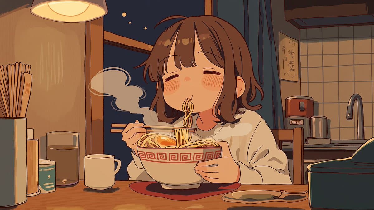 Sleepy Woman Eating Ramen at Night preview image 1