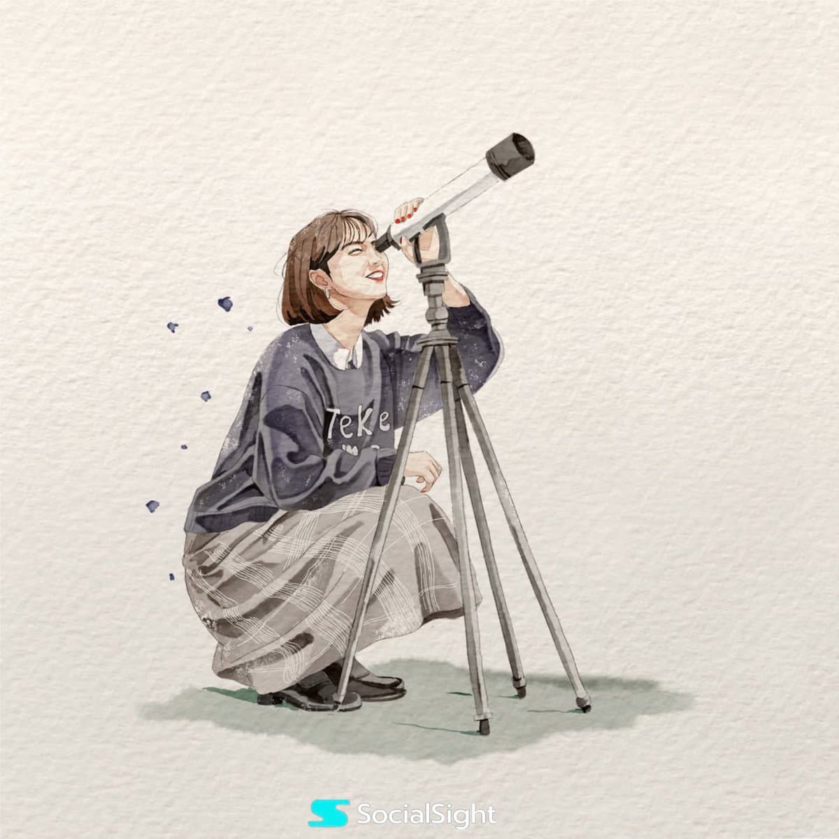 Watercolor Illustration of Woman with Telescope - 1 preview image 1