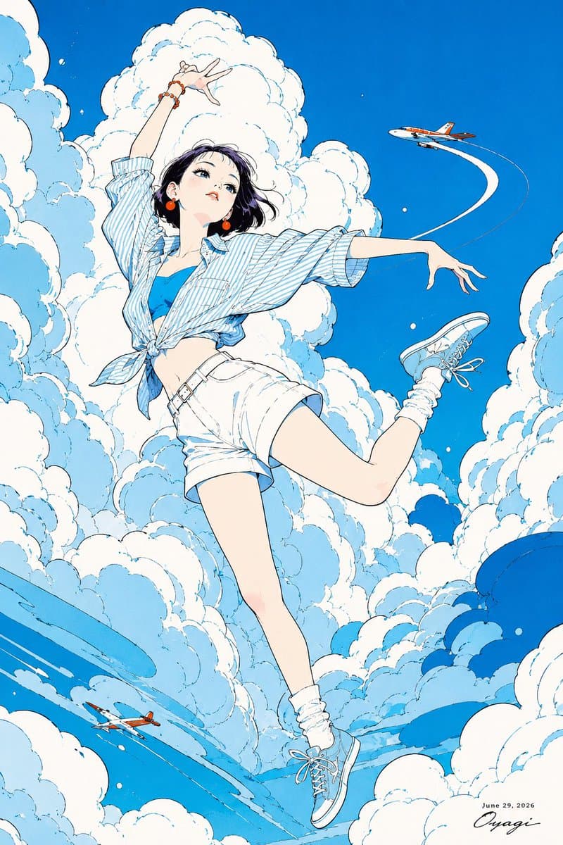 Anime Girl Floating in Summer Clouds preview image 1