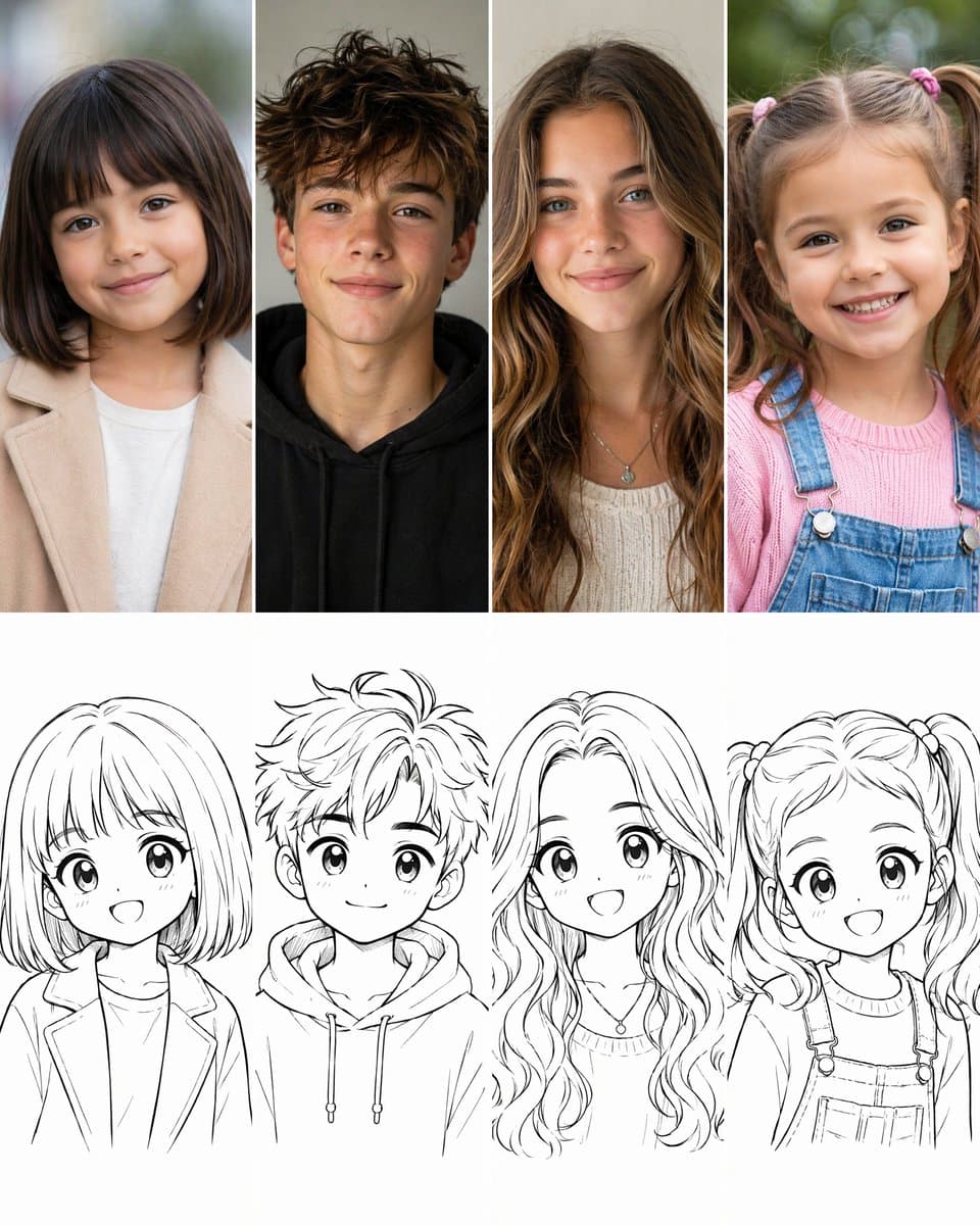 Photo to Anime Sketch Comparison Grid preview image 1