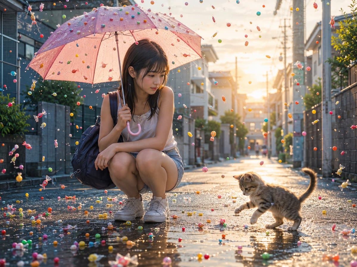 Candy Rain Street With Girl and Kitten preview image 1