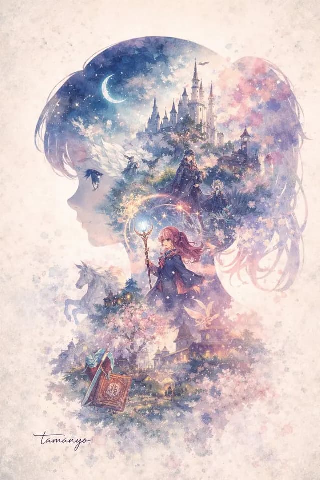 Watercolor Double-Exposure Fantasy Silhouette preview image 1