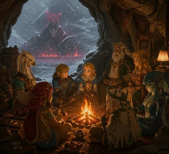 Fantasy Campfire Before a Crimson Mountain preview image 1