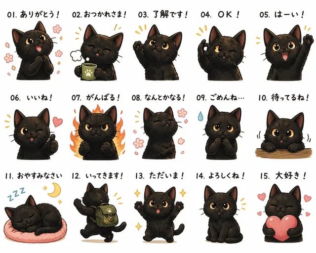 Cute Black Cat Japanese Sticker Sheet preview image 1
