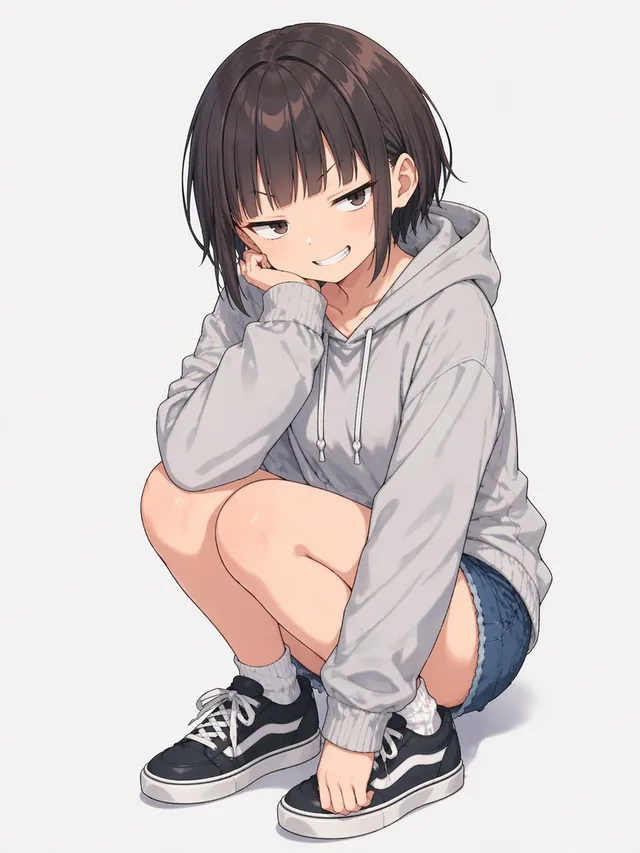 Anime Girl Squatting in Oversized Hoodie preview image 1