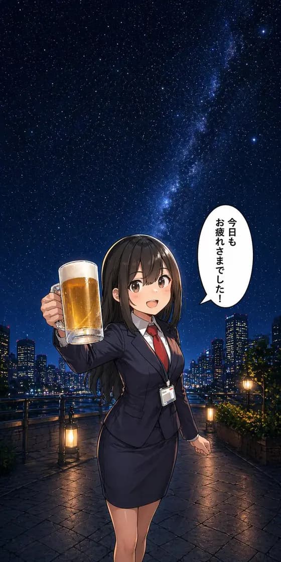 Anime Office Lady Beer Toast at Night preview image 1