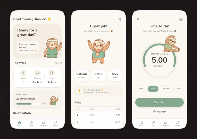 Pastel Running App UI with Sloth Mascot preview image 1