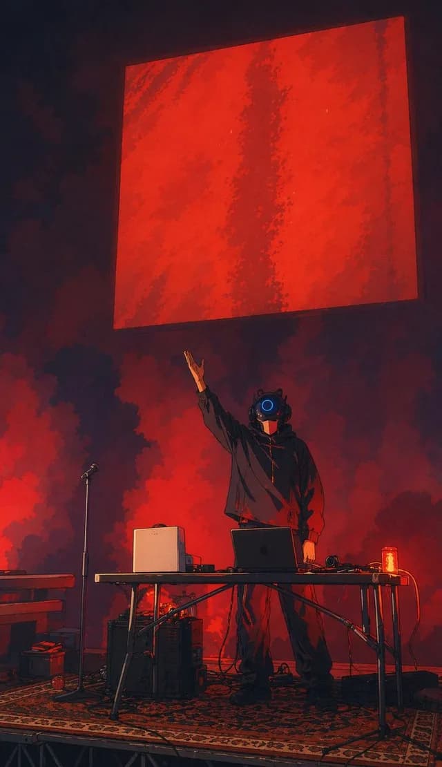 Cyber DJ Beneath a Red Monolith preview image 1