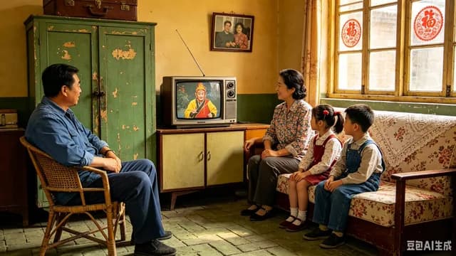 1980s Chinese Family Watching TV preview image 1