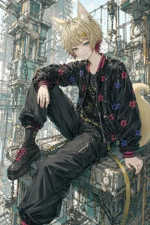 Fox-Eared Streetwear Boy in Steampunk City preview image 1