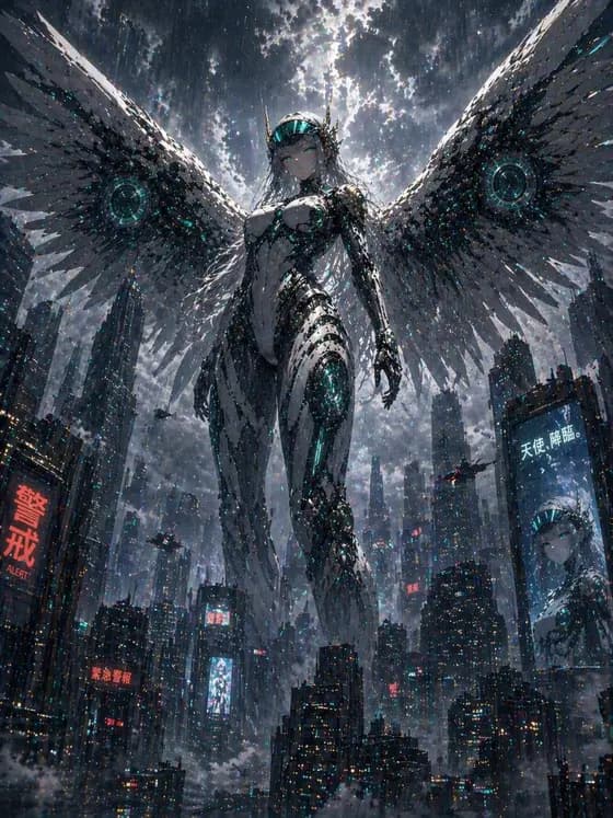 Cyberpunk Machine Angel Over Megacity preview image 1