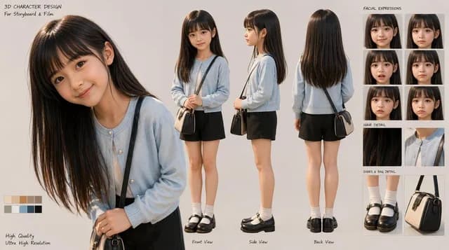 3D Schoolgirl Character Design Sheet preview image 1