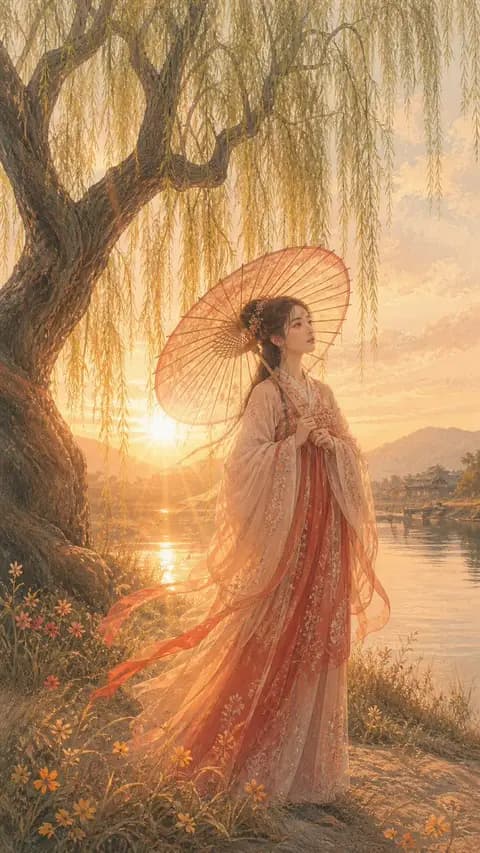 Sunset Hanfu Willow Lakeside Portrait preview image 1
