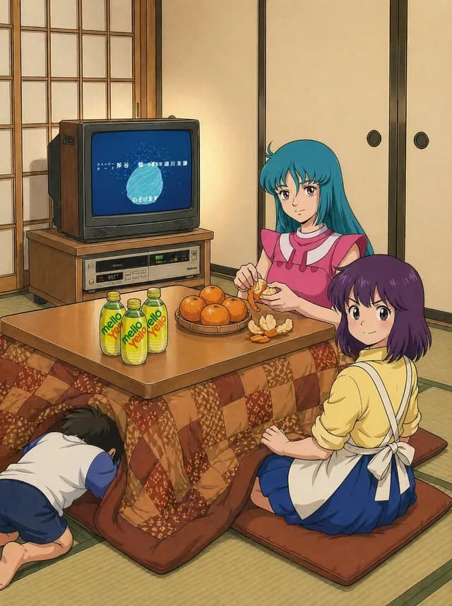 Retro Anime Kotatsu Family Scene preview image 1