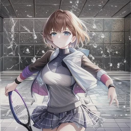 Anime Tennis Girl in Shattered Indoor Court preview image 1