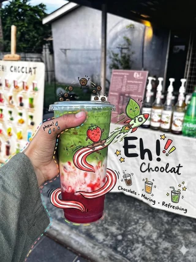 Doodled Strawberry Matcha Drink Photo preview image 1