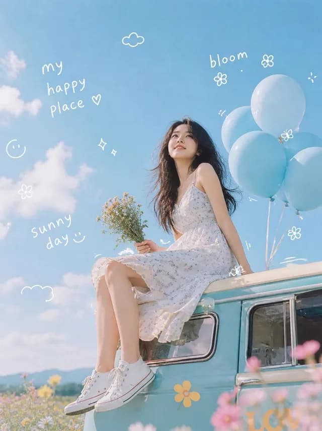 Dreamy Van Rooftop Flower Field Portrait preview image 1