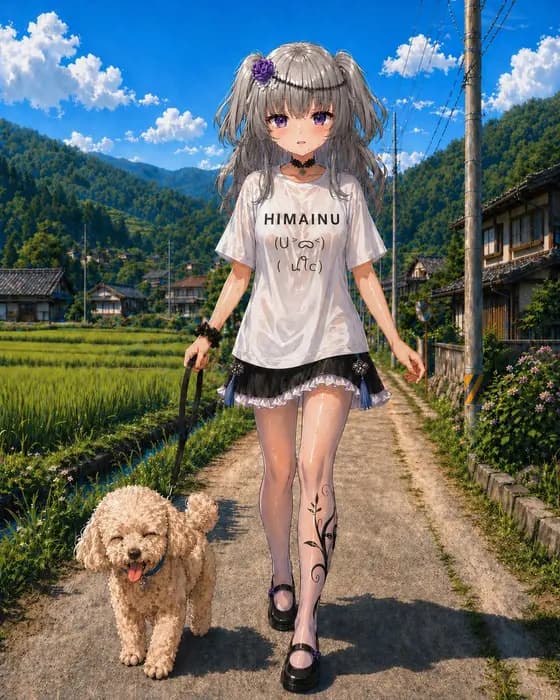 Anime Countryside Dog Walk T-Shirt Scene preview image 1