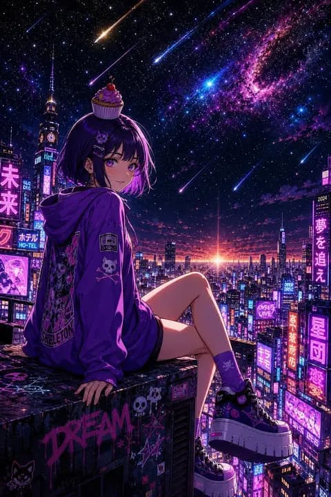 Cyberpunk Cupcake Rooftop Girl preview image 1