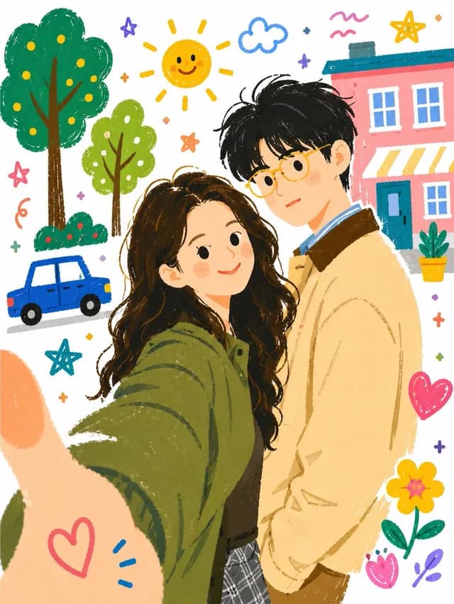 Whimsical Couple Selfie Illustration preview image 1