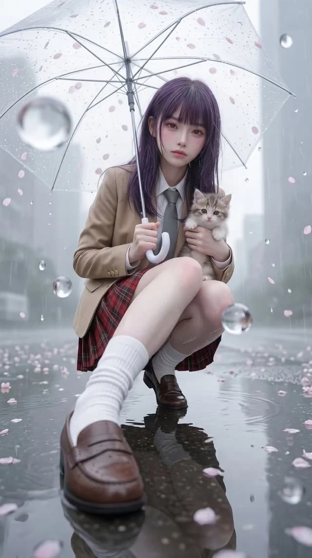 Rainy Sakura Schoolgirl Portrait preview image 1