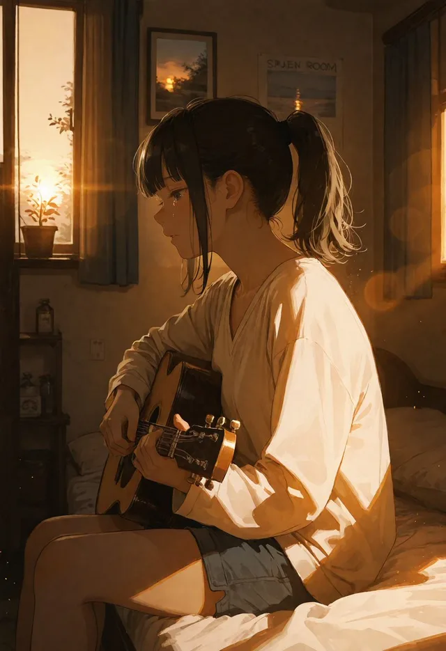 Golden Hour Guitar Bedroom Scene preview image 1